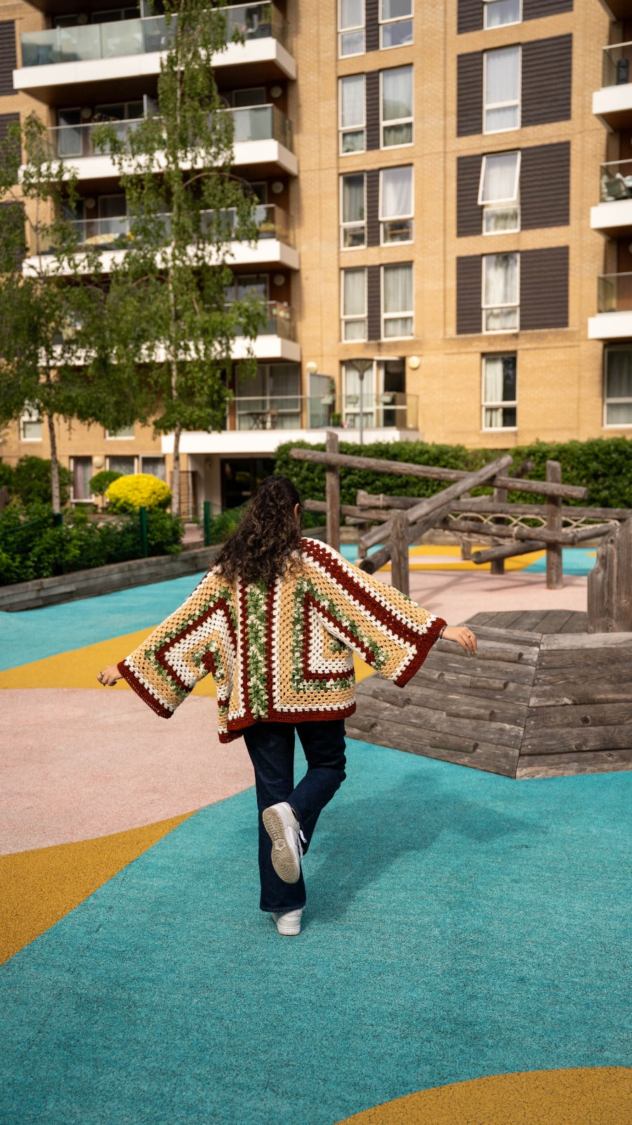 Handmade crochet granny square cardigan - back view