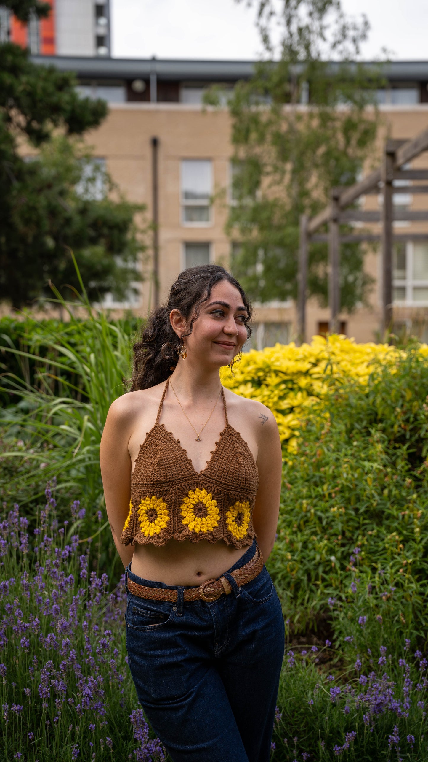 Handmade crochet sunflower halter top - full length on model