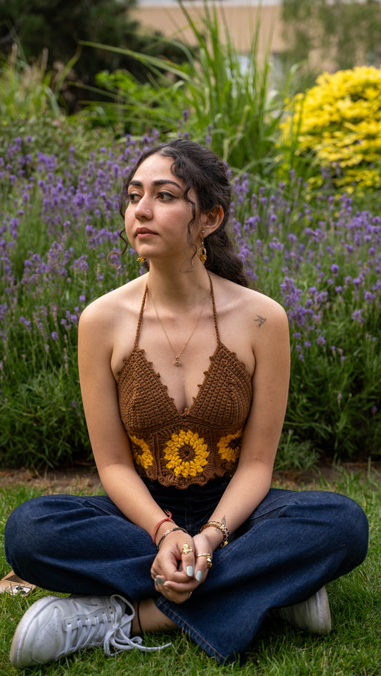 Handmade crochet sunflower halter top - front view on model