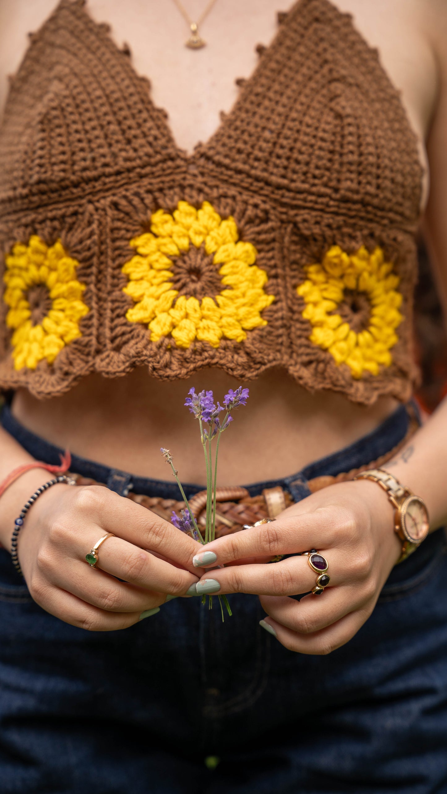 Handmade crochet sunflower halter top - close up of sunflower detail