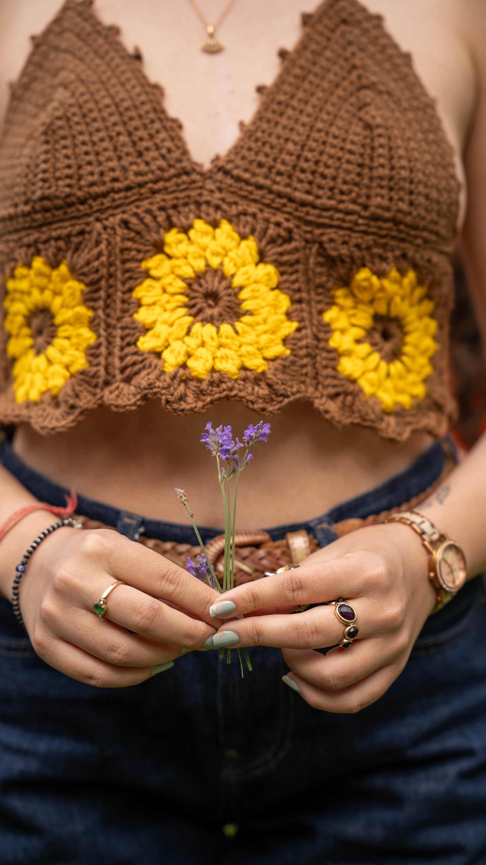 Handmade crochet sunflower halter top - close up of sunflower detail