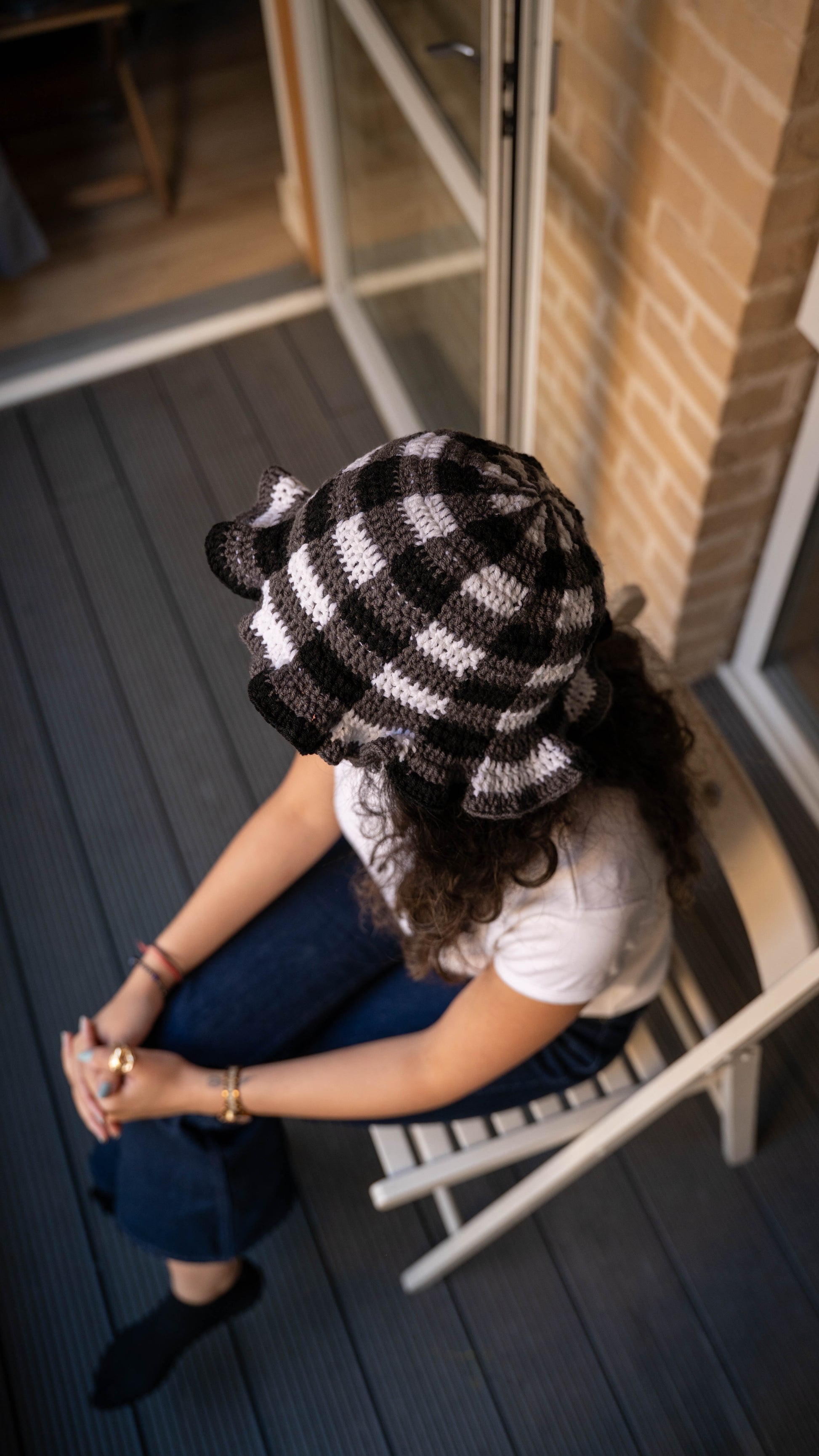 Monochrome crochet bucket hat, top view