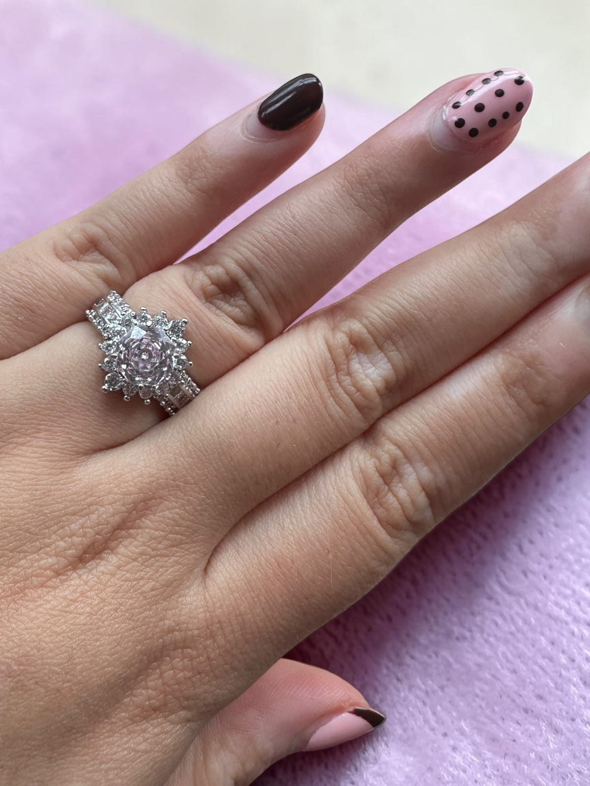 Light Pink Moissanite Rose-Cut Cluster Ring, Adjustable