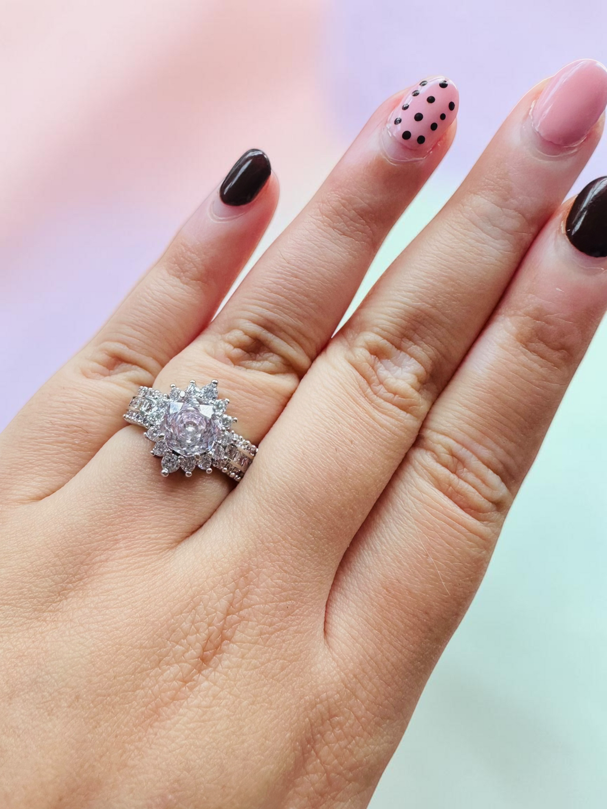 Light Pink Moissanite Rose-Cut Cluster Ring, Adjustable