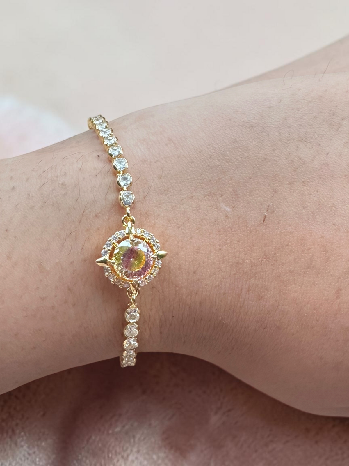 Gold-Tone Sunset Pink Moissanite Slider Bracelet, Adjustable
