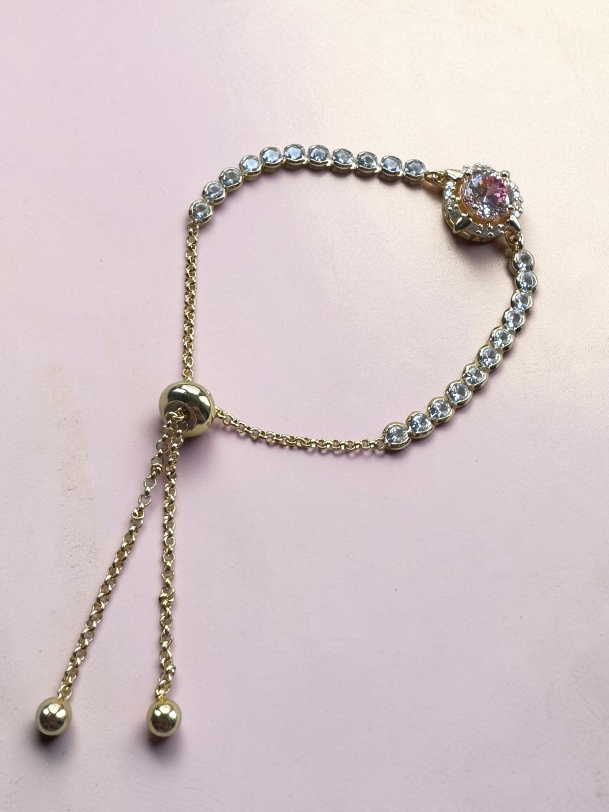Gold-Tone Sunset Pink Moissanite Slider Bracelet, Adjustable
