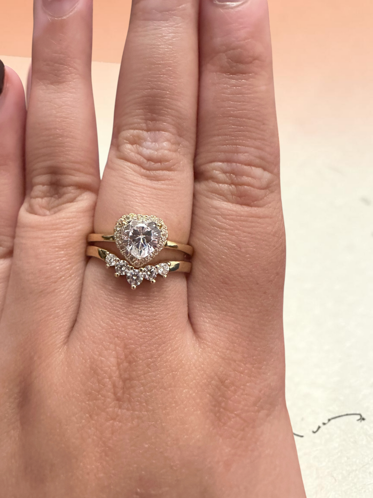 Vintage-Style Heart Moissanite Ring & Curved Tiara Band Set- Size P1/2