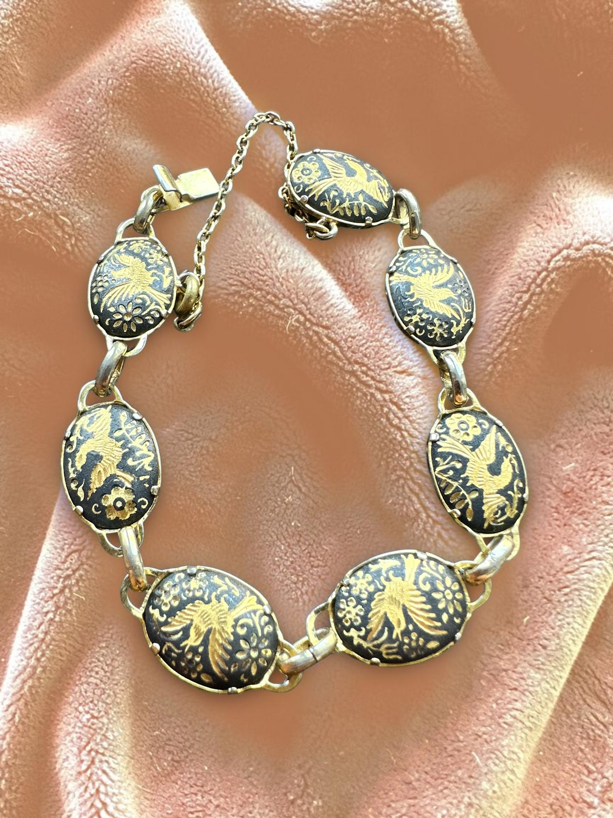 Vintage Toledo Damascene Gold & Black Enamel Disc Link Bracelet