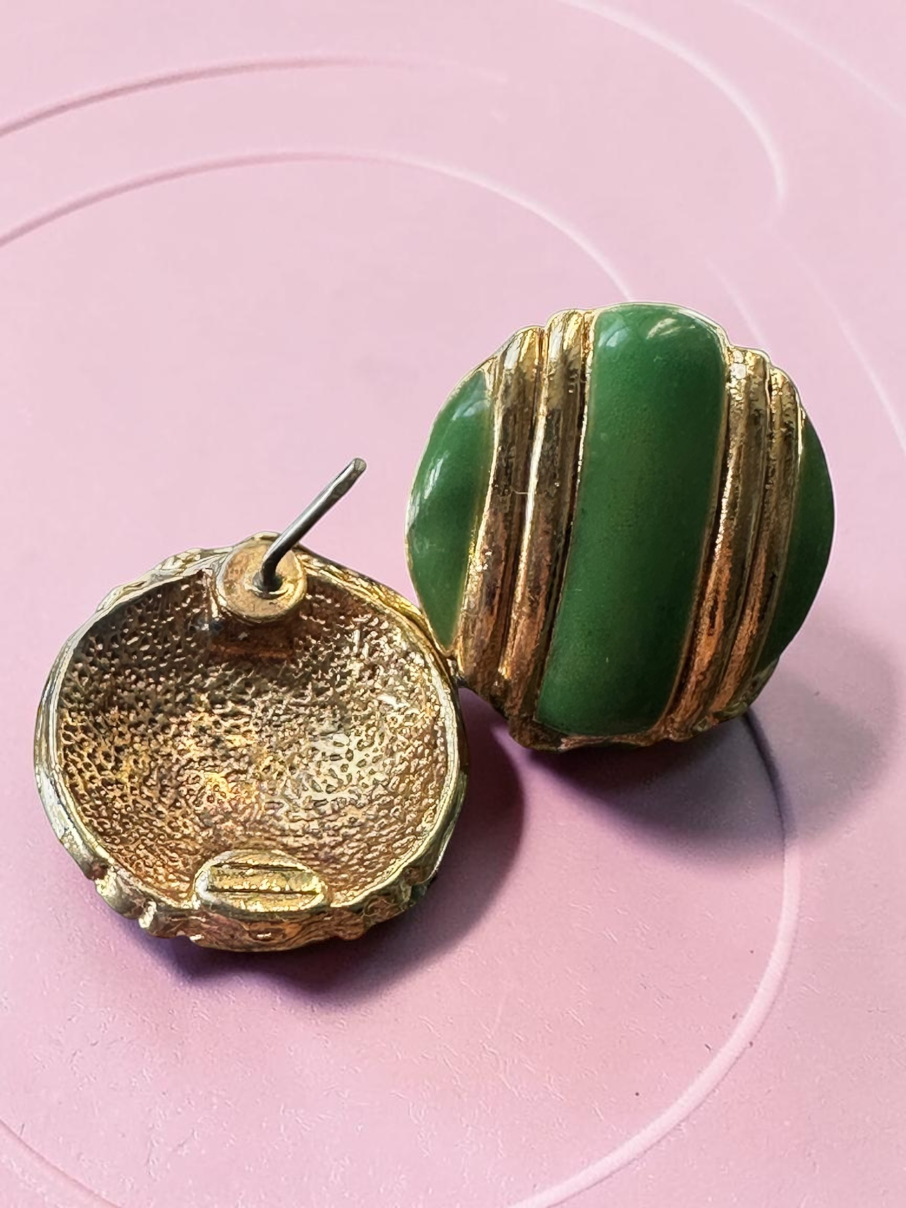 Vintage green and gold dome stud earrings - back view showing butterfly backs