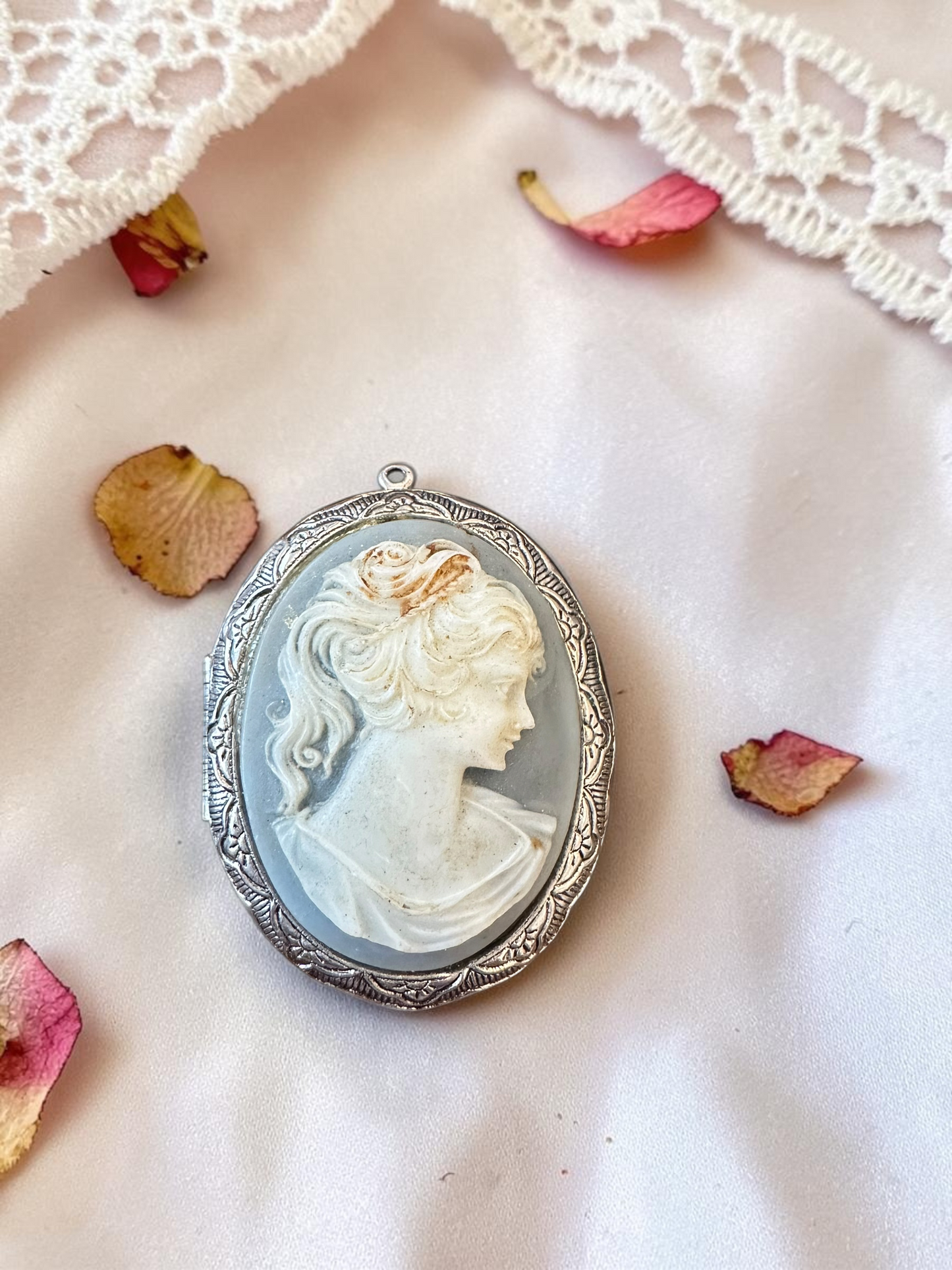 Vintage pale blue cameo brooch with classical female portrait in ornate silver-tone frame, surrounded by dried rose petals