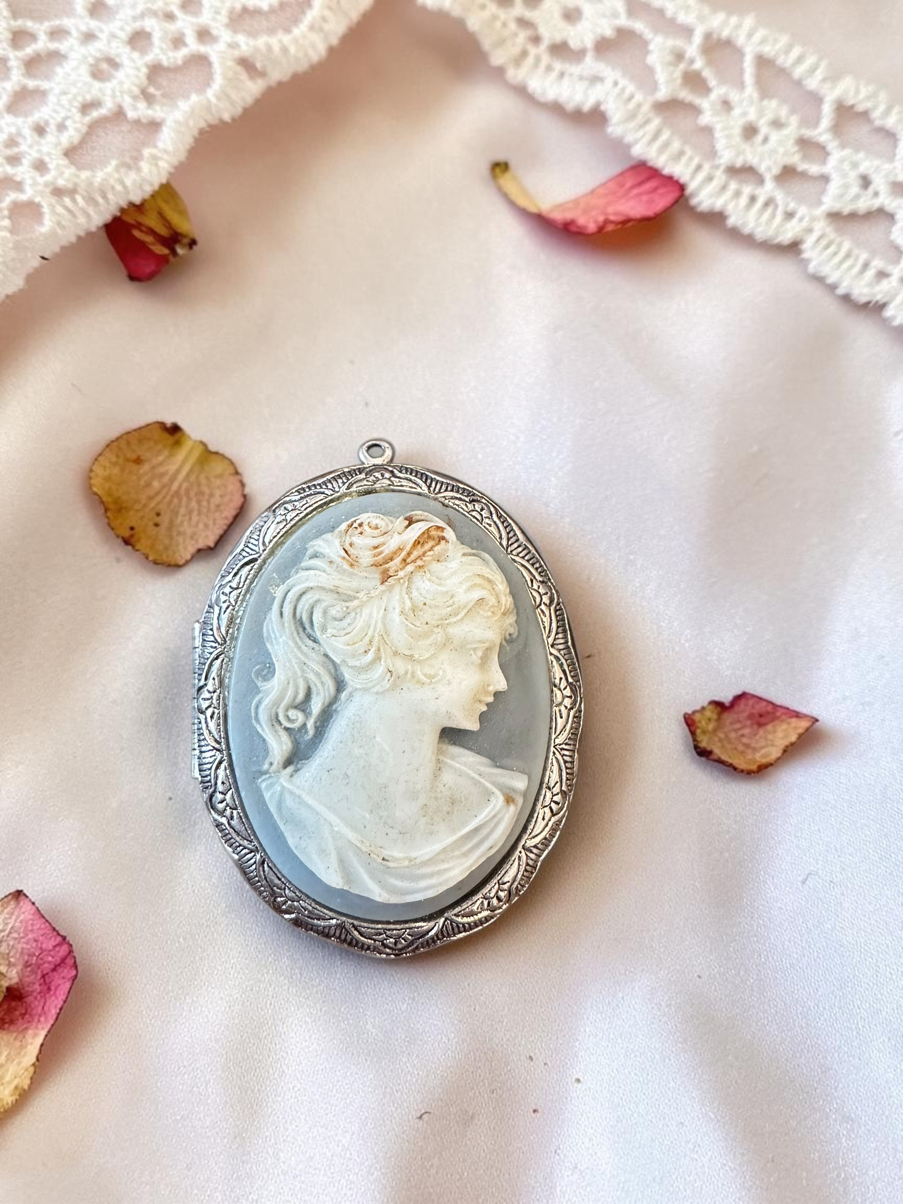 Vintage pale blue cameo brooch with classical female portrait in ornate silver-tone frame, surrounded by dried rose petals