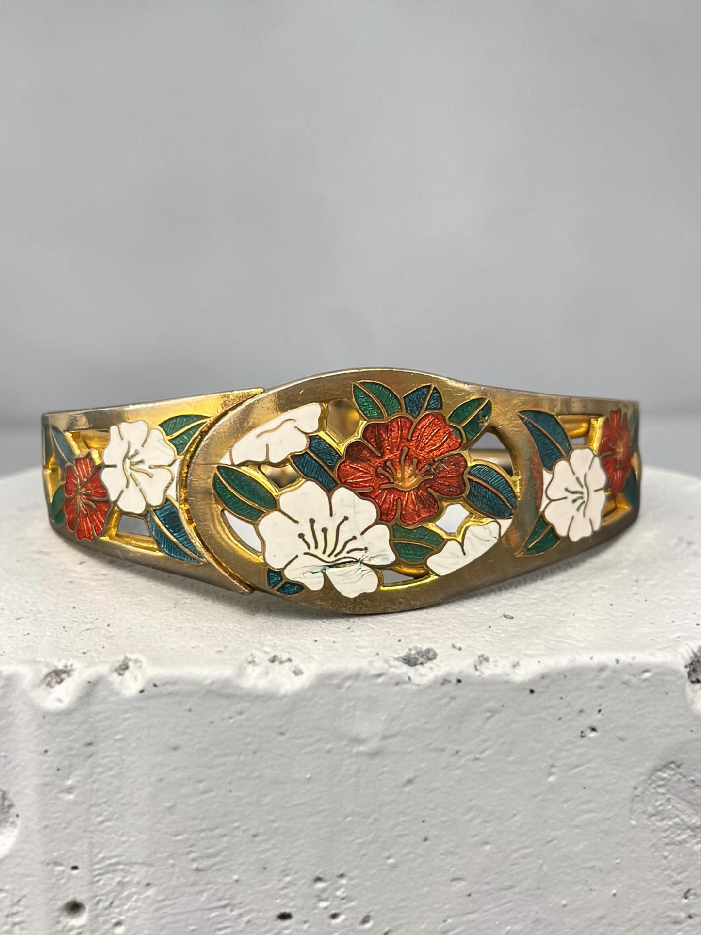 Cloisonné floral bangle front view flat lay