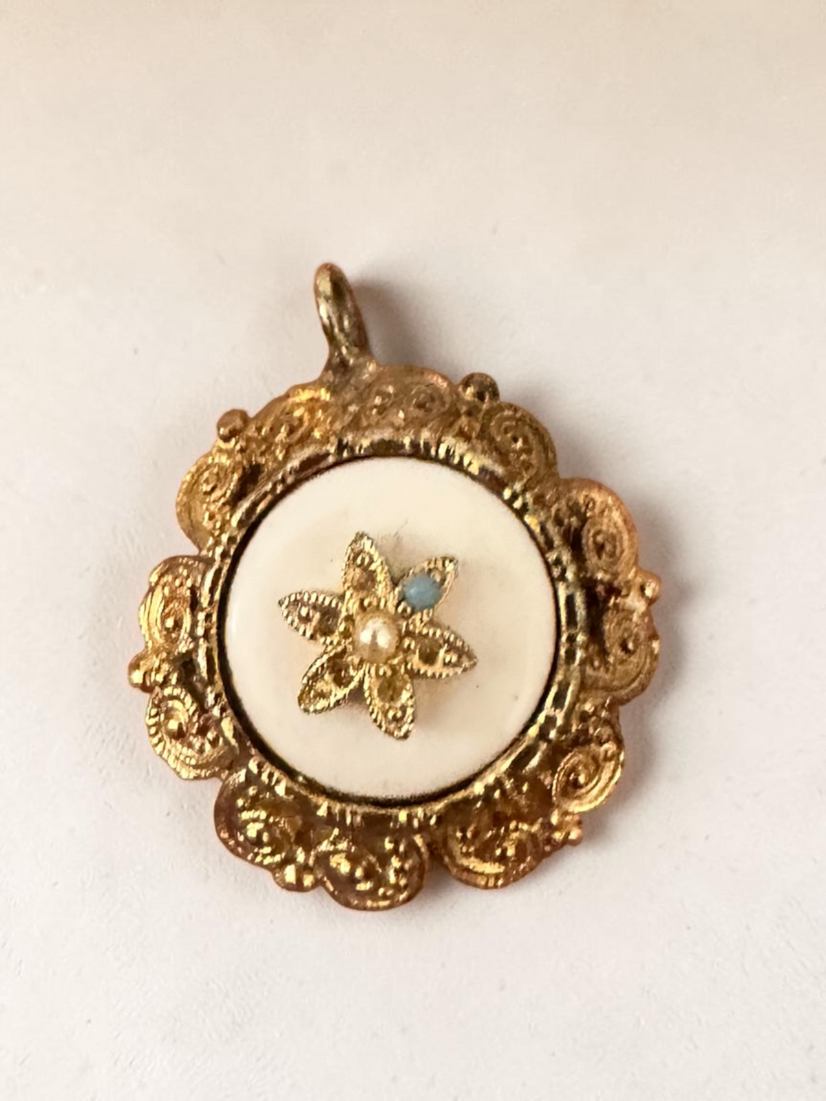 Style 2 - Gold filigree round pendant with pearl flower on white enamel