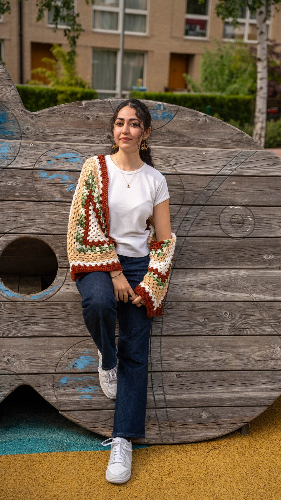 Handmade crochet granny square cardigan - side view