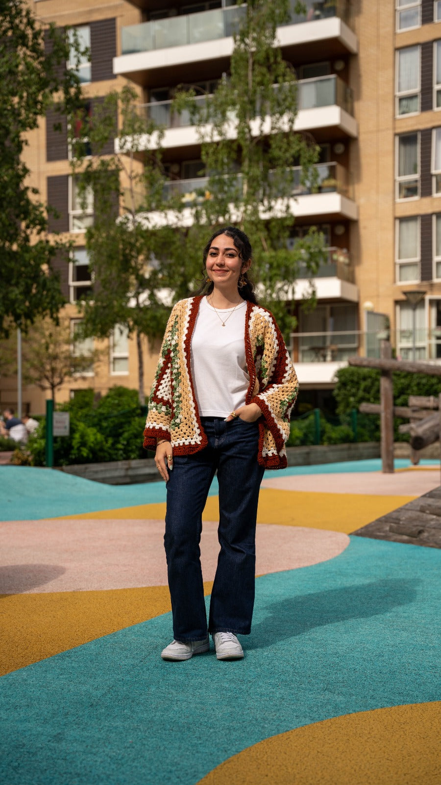 Handmade crochet granny square cardigan - front view